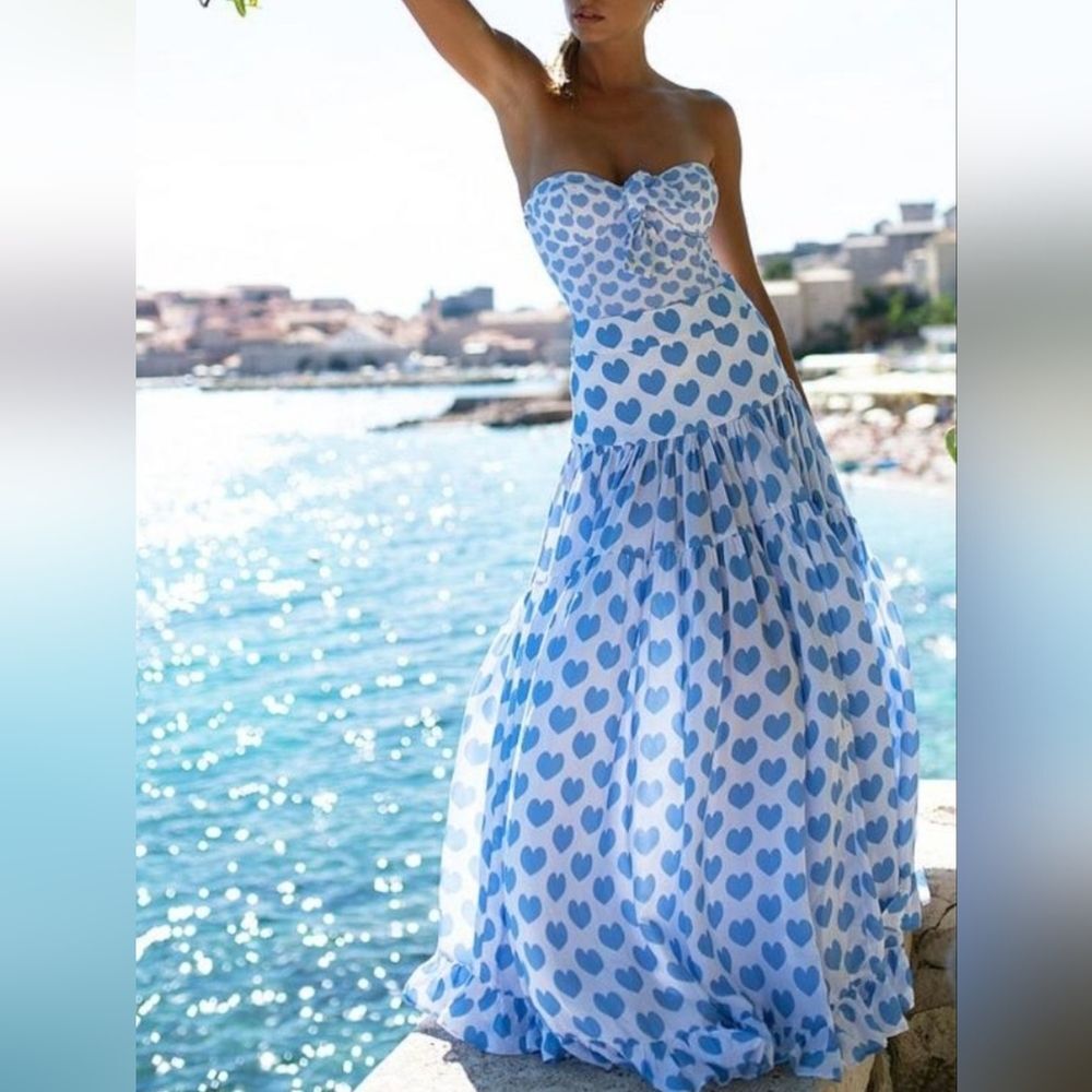 Heart Print One-Piece Strapless Swimsuit & Maxi Skirt Match Set Blue S M L XL